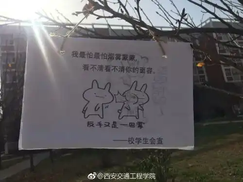 西安一高校校园挂满禁烟表情包吸烟找不到对象