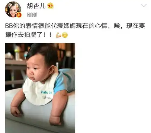 胡杏儿要去拍戏,晒儿子搞笑表情包表达心情,围嘴上都有宝宝名字