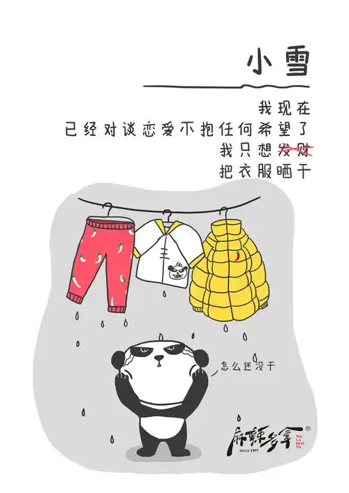 麻辣多拿品牌宣传海报二十四节气小雪大雪晾衣服衣服不干崩溃悲催微信表情qq表情山城冻画冻疮长在膝盖上海报设计闪屏麻辣多拿原创手绘熊猫多拿君辣条麻辣搞笑麻辣多拿品牌宣传原创画板